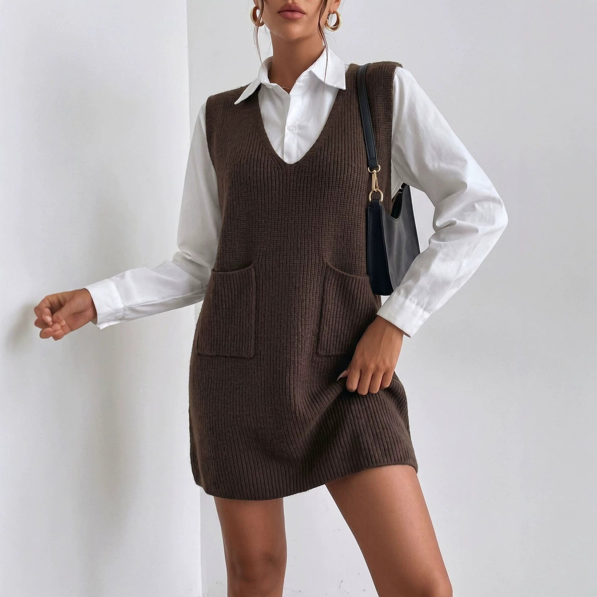 V-neck Knitted Dress With Pockets Loose Fit Slimming Design - Venlis