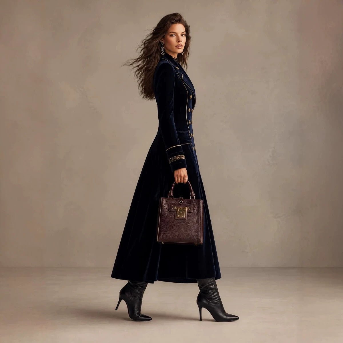 Double-breasted Velvet-cuffed Long Coat - Venlis