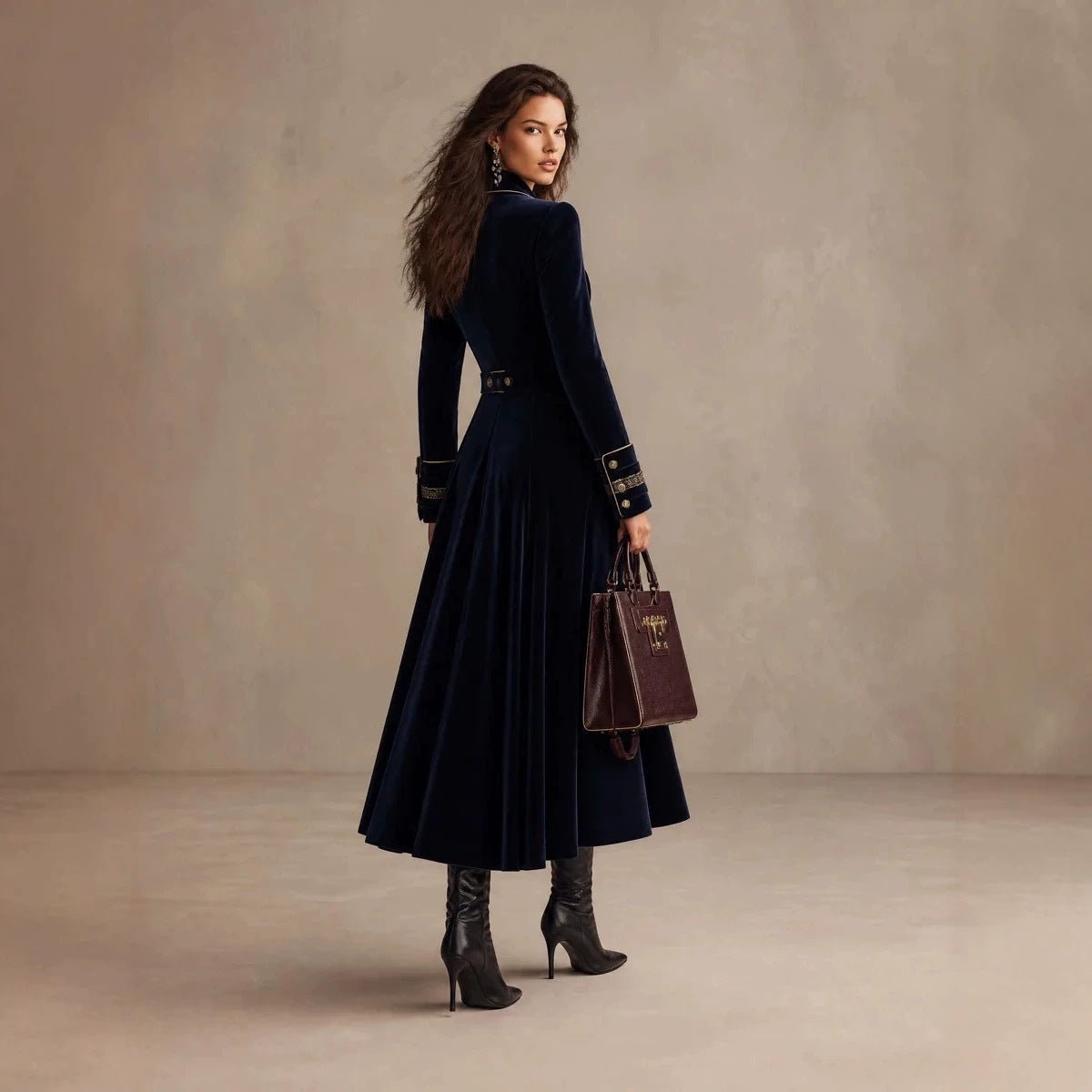 Double-breasted Velvet-cuffed Long Coat - Venlis
