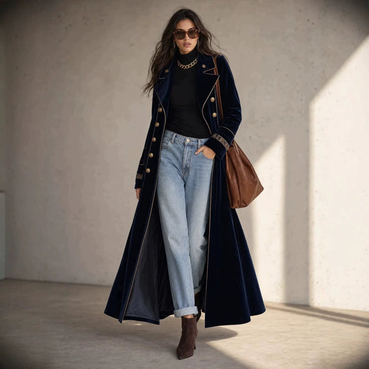 Double-breasted Velvet-cuffed Long Coat - Venlis