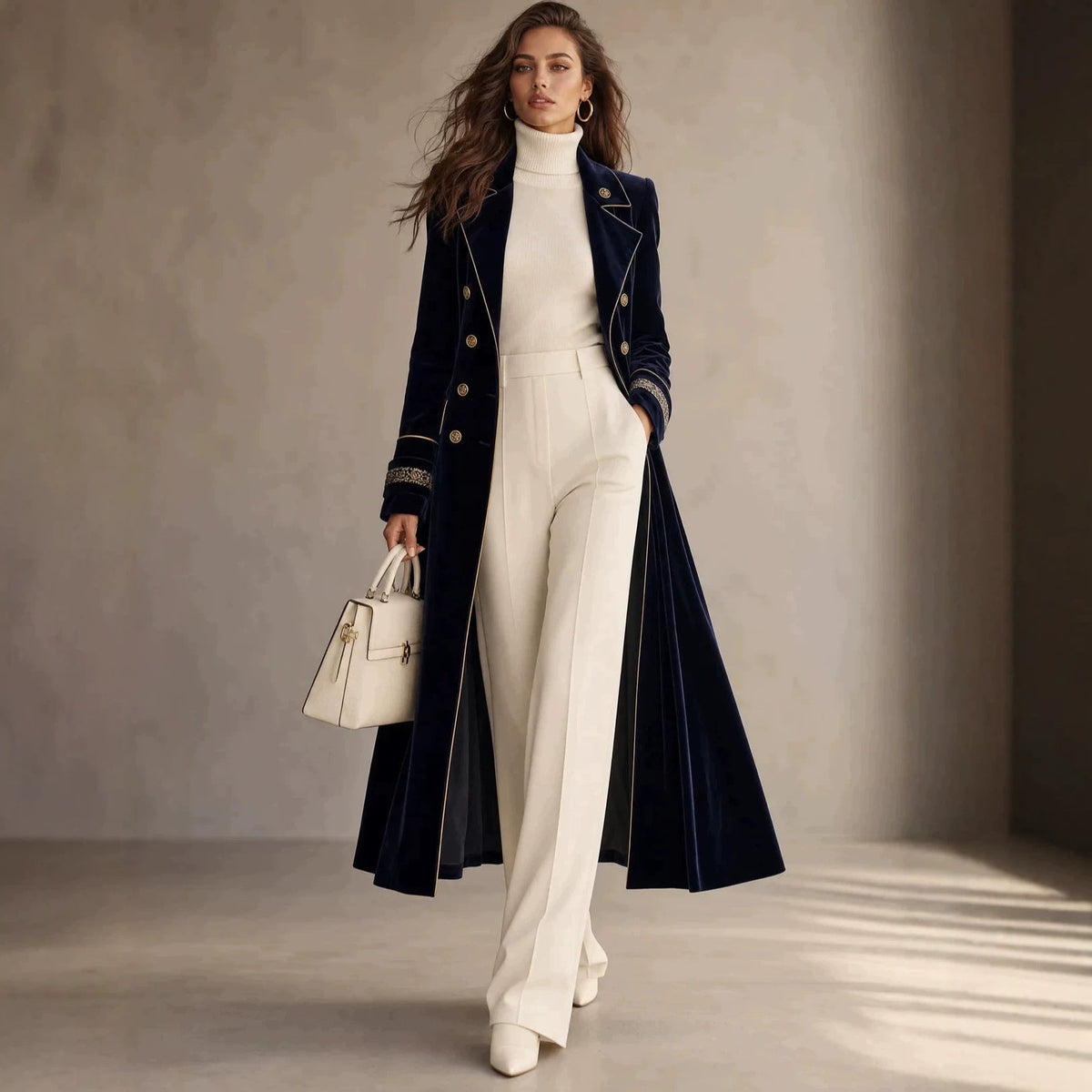 Double-breasted Velvet-cuffed Long Coat - Venlis