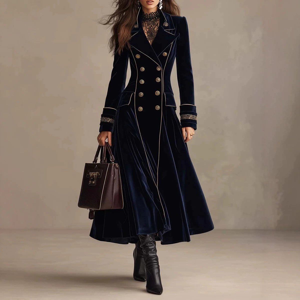 Double-breasted Velvet-cuffed Long Coat - Venlis