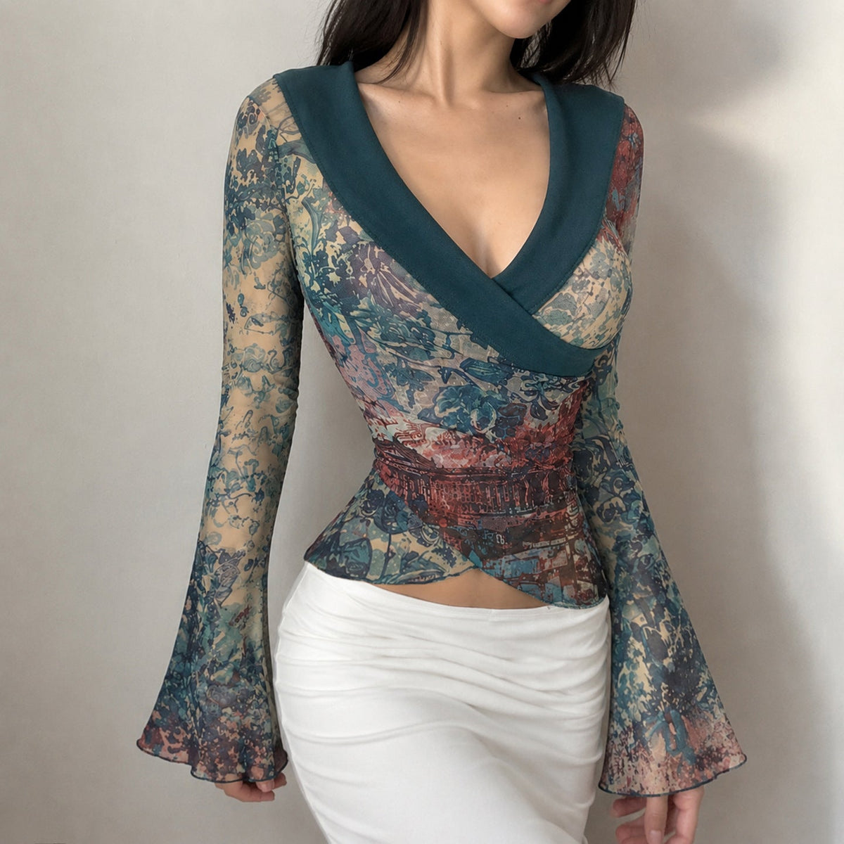 Horn-sleeved, Waist-cinched Top With An Asymmetrical Hem - Venlis