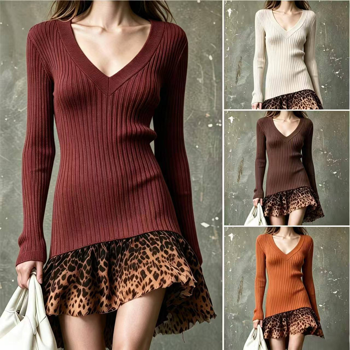 Long-sleeve Knit Dress With A Fitted Short Skirt Hem - Venlis
