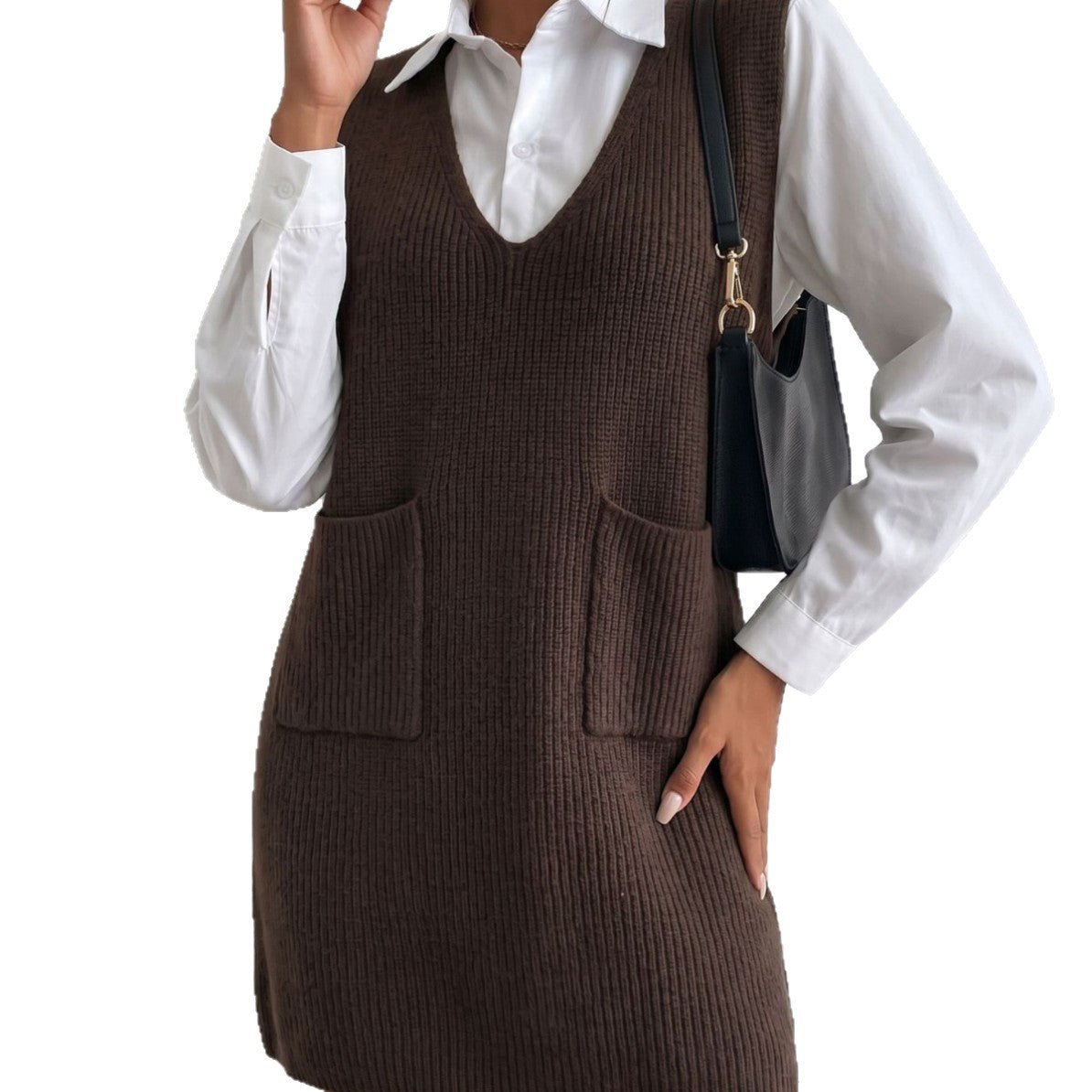 V-neck Knitted Dress With Pockets Loose Fit Slimming Design - Venlis