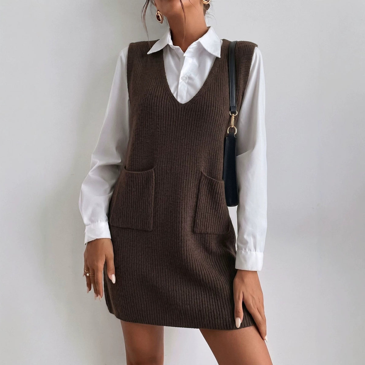 V-neck Knitted Dress With Pockets Loose Fit Slimming Design - Venlis