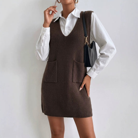 V-neck Knitted Dress With Pockets Loose Fit Slimming Design - Venlis